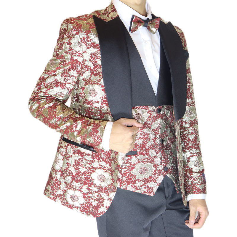 Red/Gold Avanti Milano Floral Patterned Three Piece Tuxedo