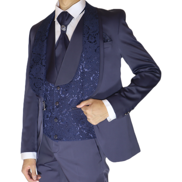 Navy Blue Avanti Milano Floral Vest/Shawl Three Piece Tuxedo