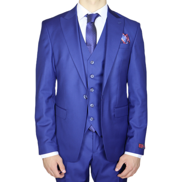 Navy Blue Avanti Milano Peak Lapel Textured Three Piece Suit