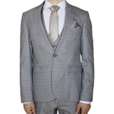 Grey/Blue Avanti Milano Window Pane Patterned Peak Lapel Three Piece Suit