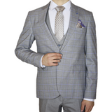 Grey/Blue Avanti Milano Window Pane Patterned Peak Lapel Three Piece Suit
