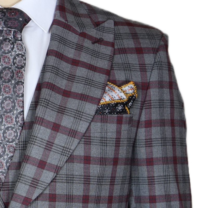 Grey Red Plaid Avanti Milano Wide Peak Lapel  Three Piece Suit