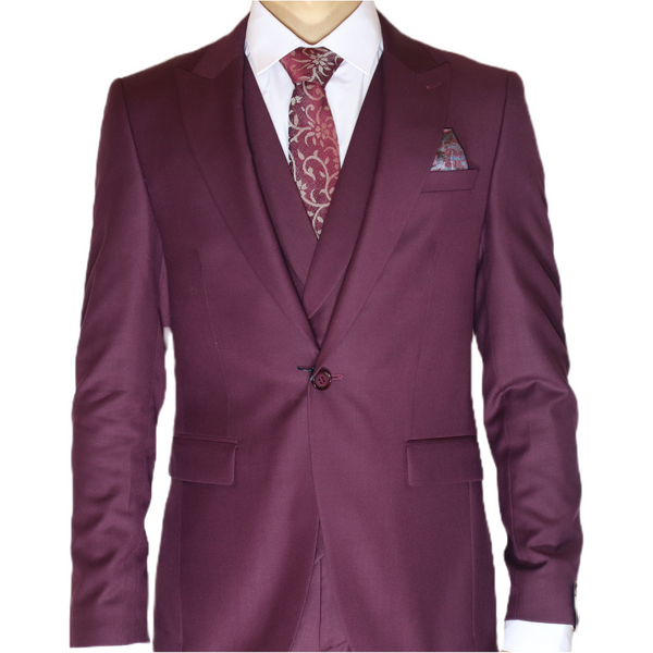 Maroon Avanti Milano Peak Lapel Textured Three Piece Suit