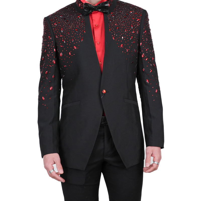 Black/Red Avanti Milano Mandarin Collar Bejeweled Dinner Jacket